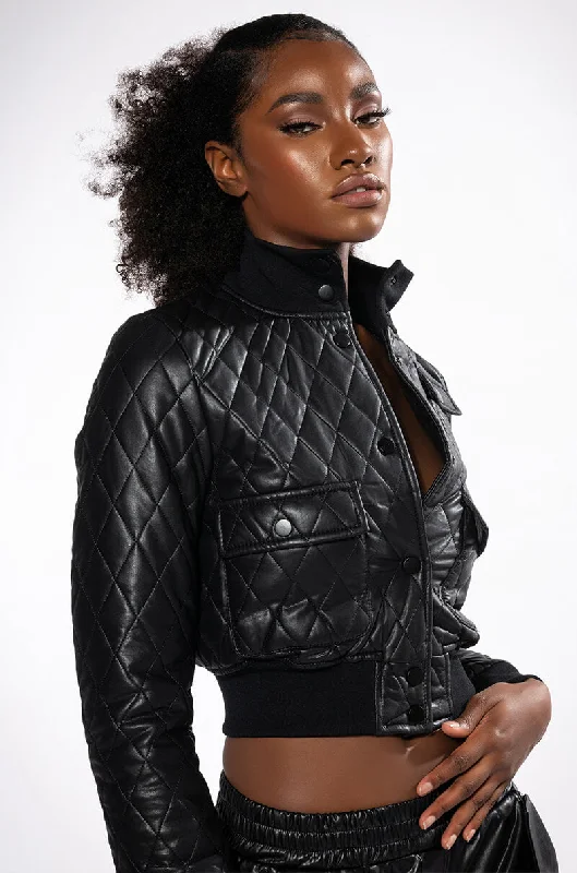 QUILTED CHOCOLATE PU BOMBER