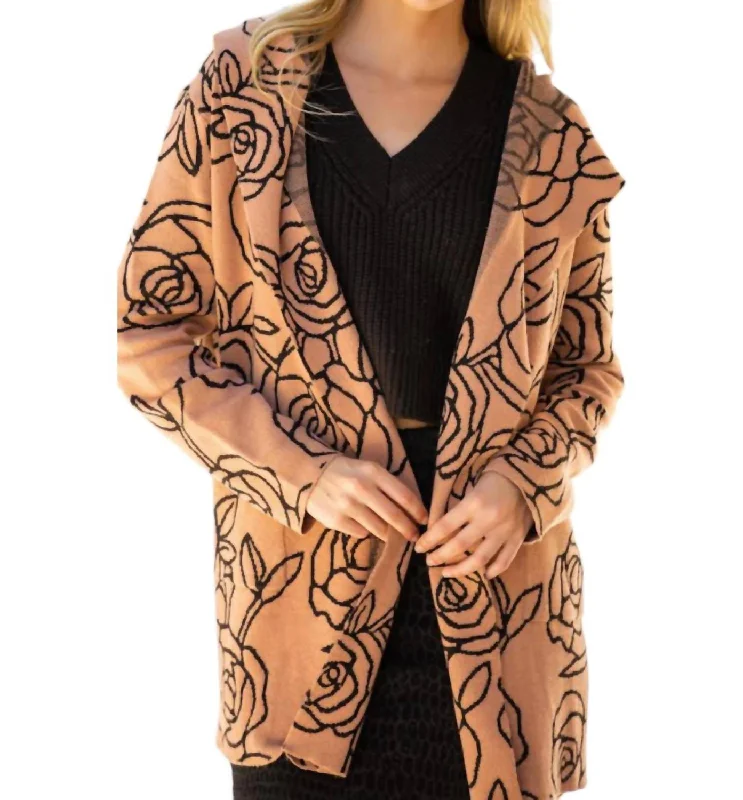 Rose Print Hooded Cardigan In Taupe In Gold