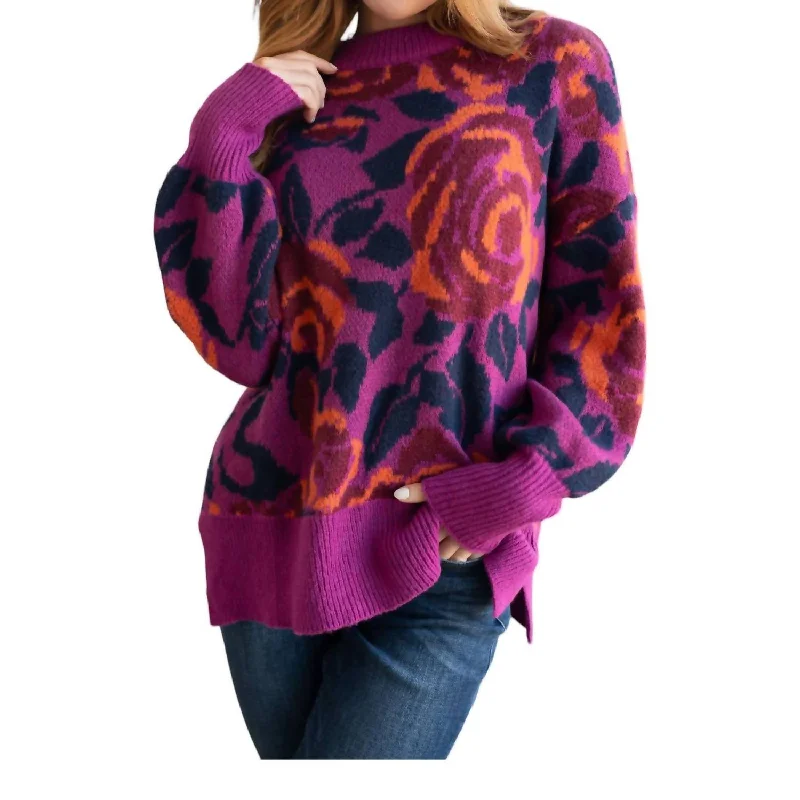 Rosie Posey Floral Sweater In Violet Multi