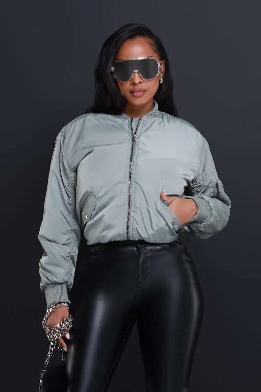 Stay Mad Ruched Bomber Jacket - Olive