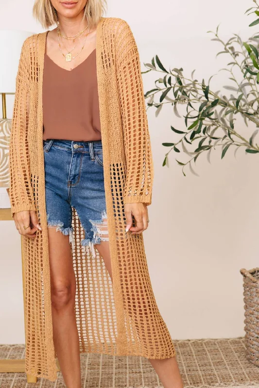 Summer Crochet Kimono Cardigan In Camel