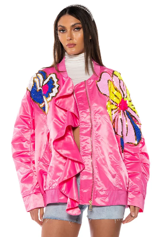 TENTENDO NYLON BOMBER WITH SEQUIN FLOWERS