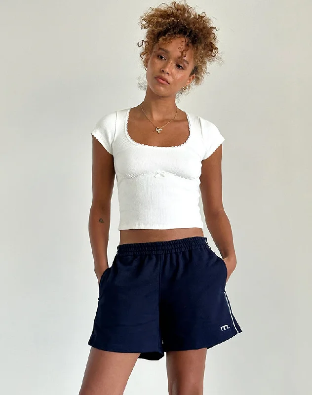 Thera Short in Navy with White Piping with M Emb