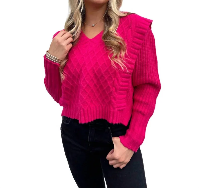 V-Neck Ruffle Sweater In Hot Pink