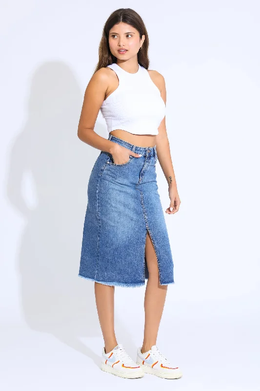 Going Out Front Slit Midi Skirt - Dark Blue / Black