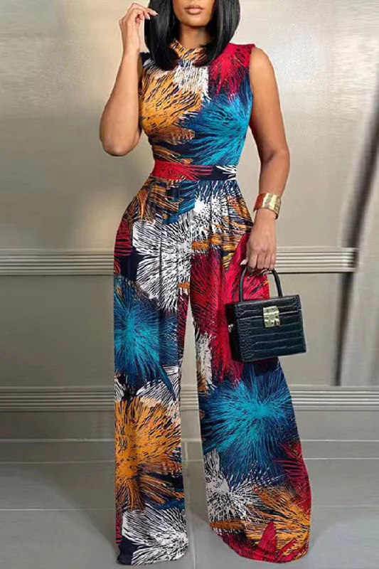 Abstract Flower Print Colorful Wide Leg Jumpsuit