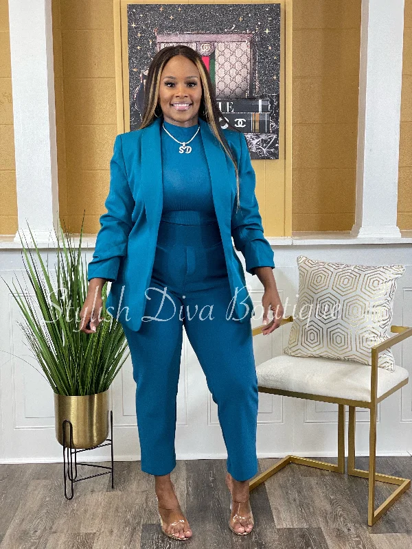 Back In Business Ruched Sleeve Blazer (Teal)