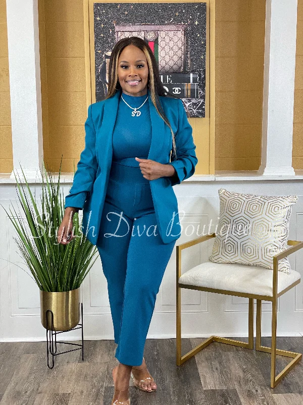 Back In Business Ruched Sleeve Blazer (Teal)