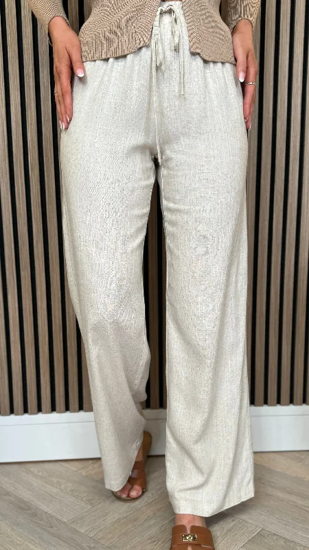 Gianna Beige Linen Effect Wide Leg Trousers