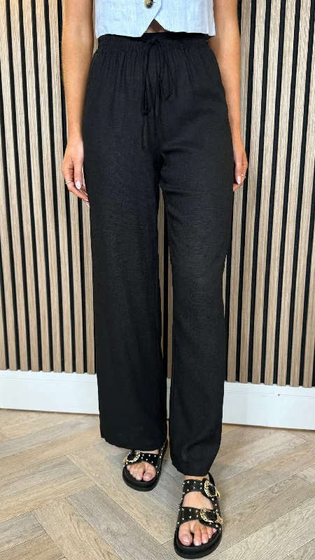 Gianna Black Linen Effect Wide Leg Trousers