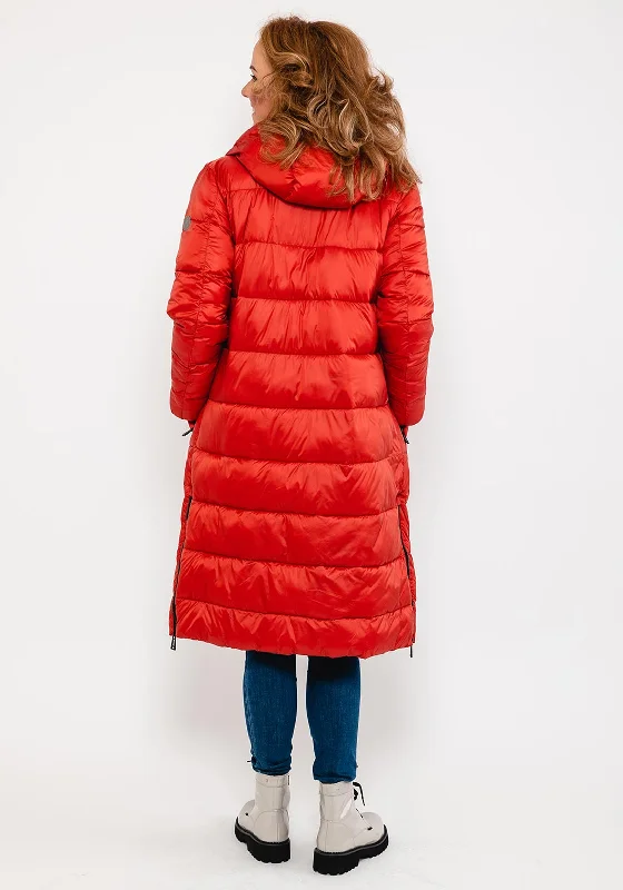 Green Goose High Shine Quilted Long Coat, Red