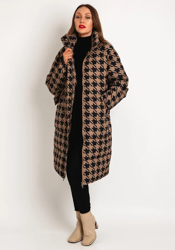 Ichi Houndstooth Quilted Coat, Tan