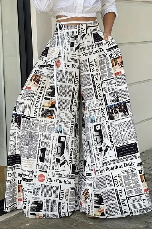 Newspaper Print Feminine Wide Leg Pants