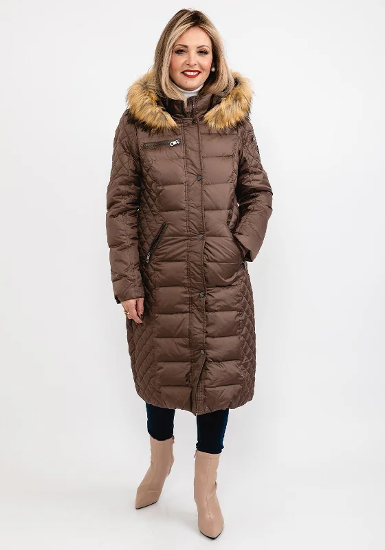 Normann Square Quilted Faux Fur Collar Long Coat, Brown