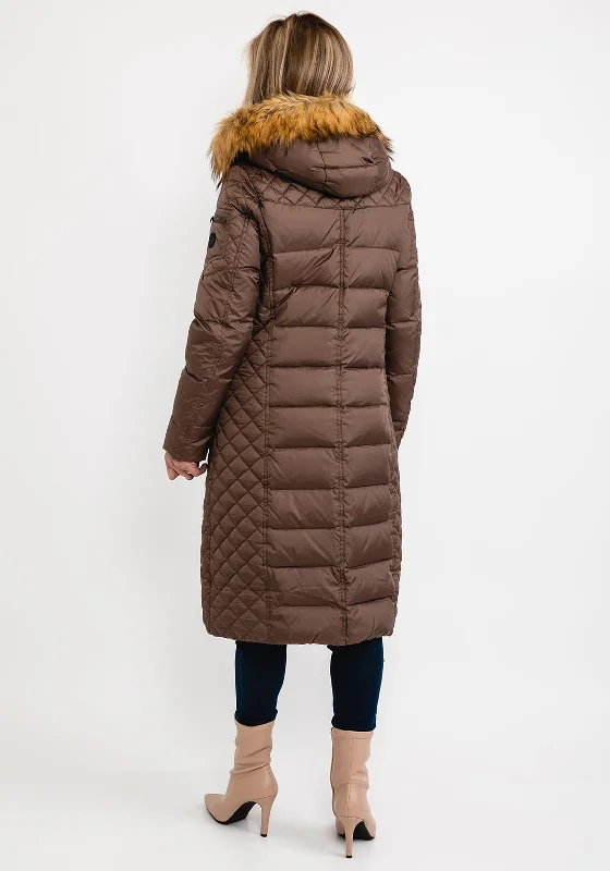 Normann Square Quilted Faux Fur Collar Long Coat, Brown