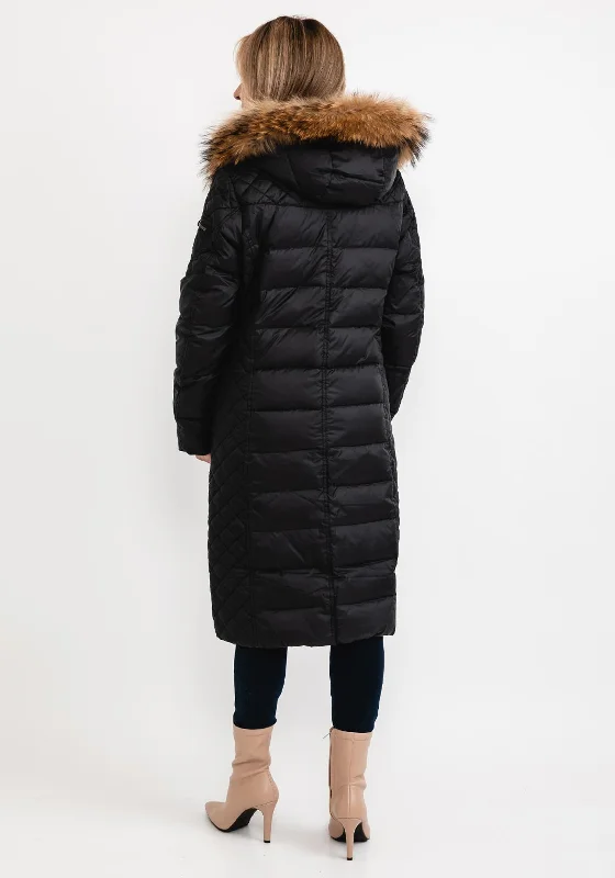 Normann Square Quilted Faux Fur Collar Long Coat, Black