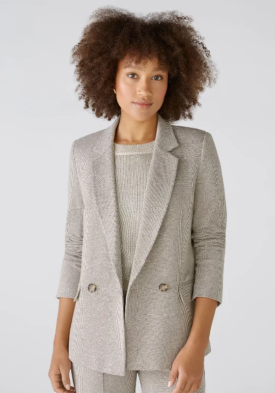 Oui Satin Houndstooth Double Breasted Blazer, Beige