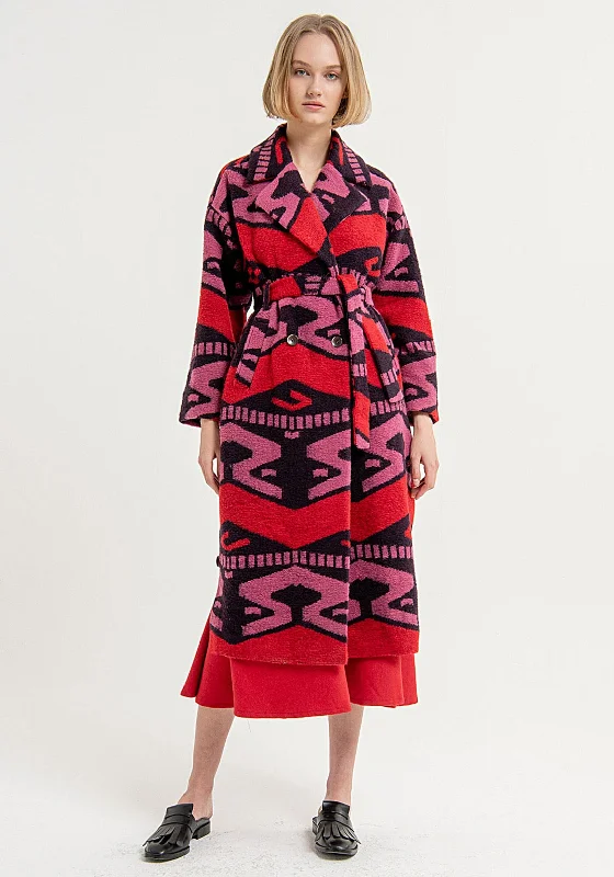 Surkana Wool Blend Patterned Oversized Coat, Red