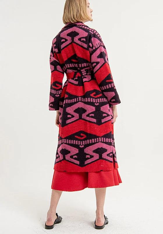 Surkana Wool Blend Patterned Oversized Coat, Red