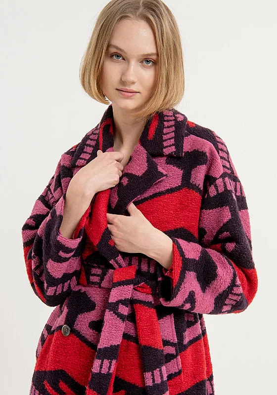 Surkana Wool Blend Patterned Oversized Coat, Red