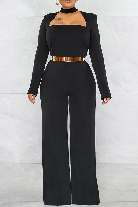 Solid Color Cutout Feminine Wide Leg Jumpsuit