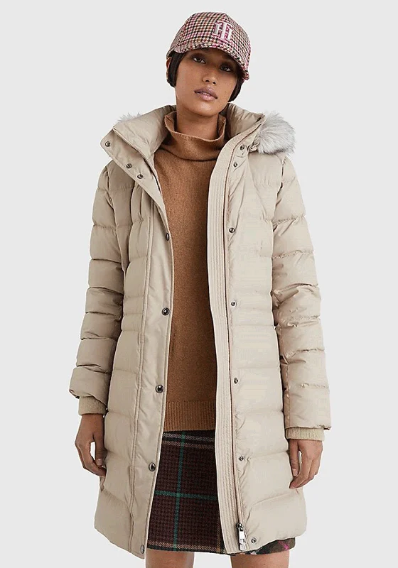 Tommy Hilfiger Womens Down Filled Long Coat, Beige