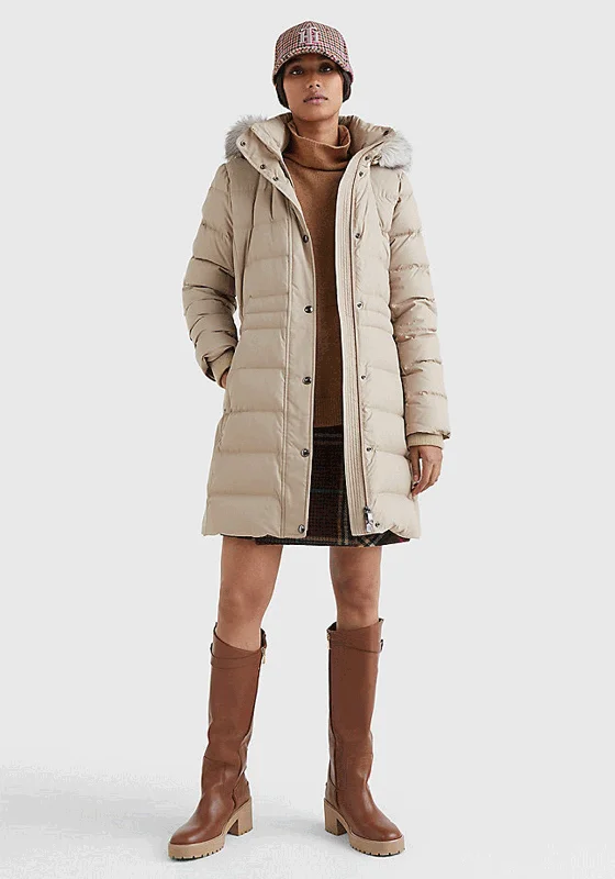 Tommy Hilfiger Womens Down Filled Long Coat, Beige