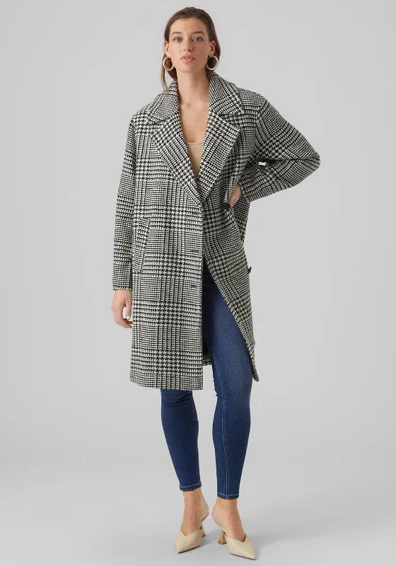 Vero Moda Hanna Houndstooth Long Wool Coat, Black