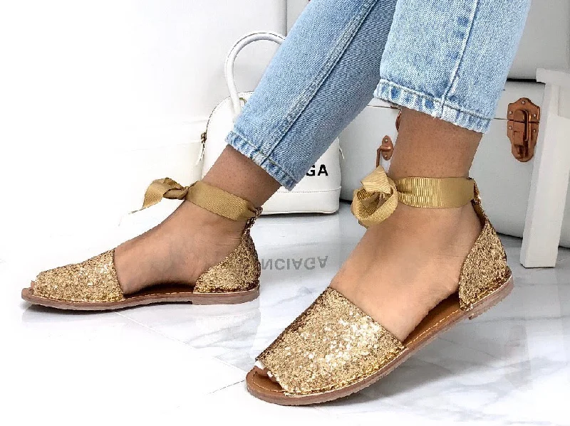 Aariya - Gold Glitter Tie Up Flat Peep Toe Sandal