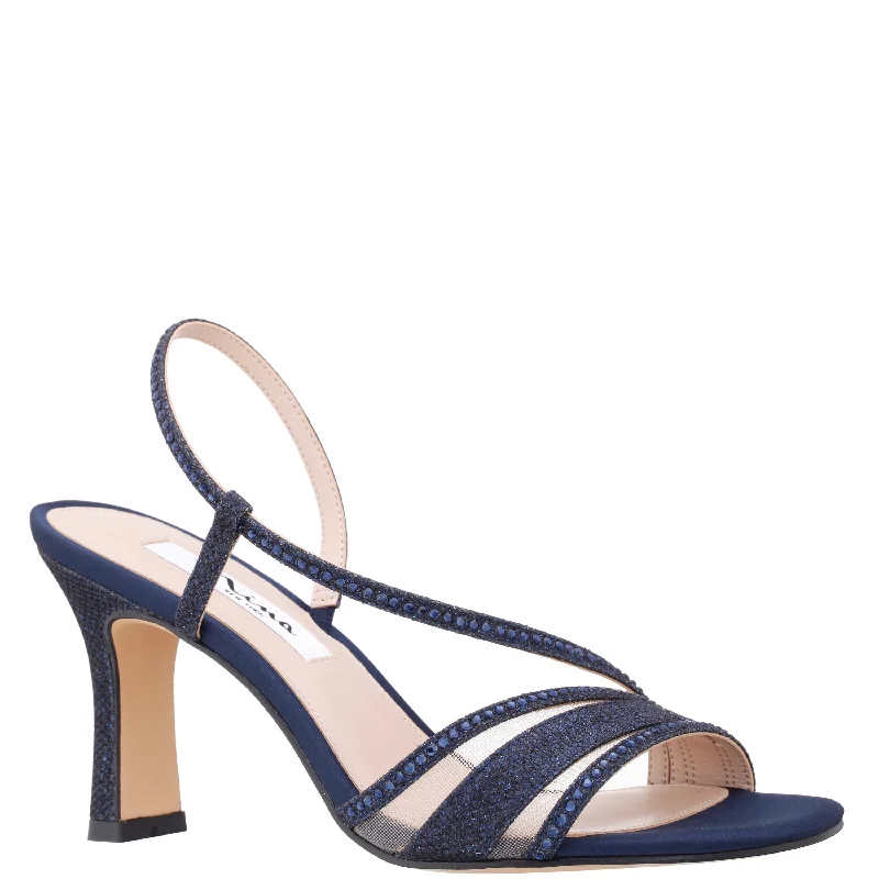 ABBI-Womens Navy Textured Metallic & Crystal Slingback Mid-Heel Sandal