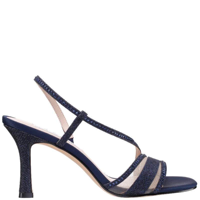 ABBI-Womens Navy Textured Metallic & Crystal Slingback Mid-Heel Sandal