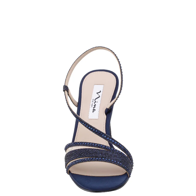 ABBI-Womens Navy Textured Metallic & Crystal Slingback Mid-Heel Sandal