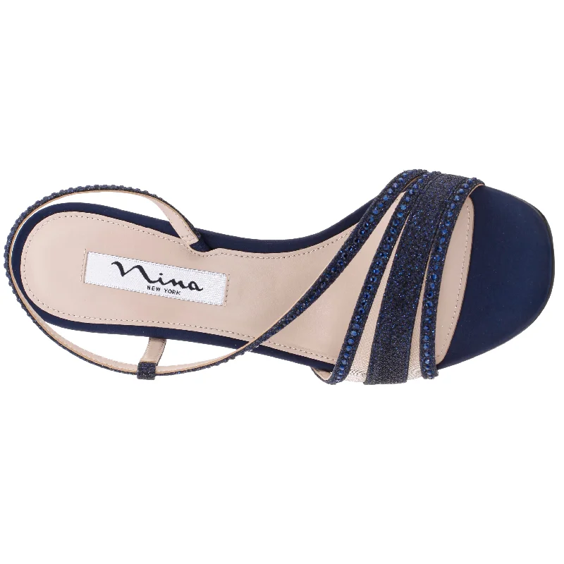 ABBI-Womens Navy Textured Metallic & Crystal Slingback Mid-Heel Sandal