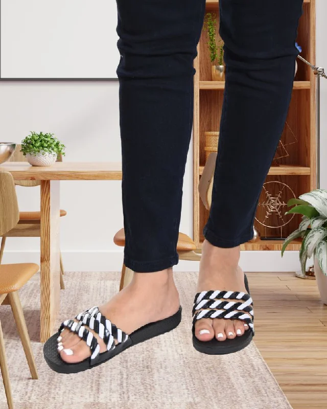 Black Zebra Striped Slides