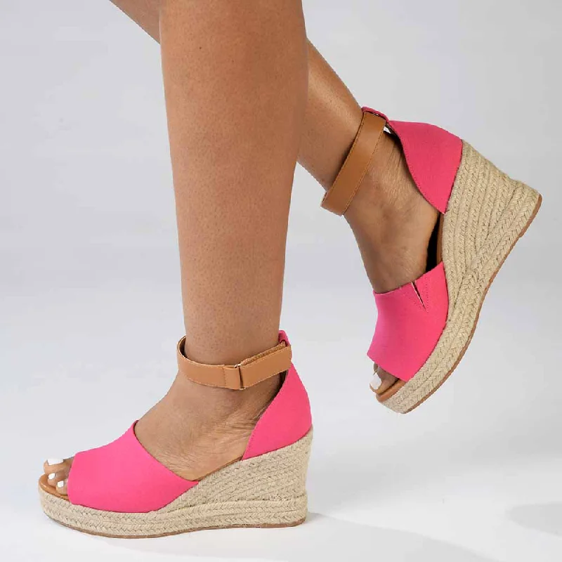 Madison Laura Closed Back Espadrille Wedge Sandal - Fuschia / Tan