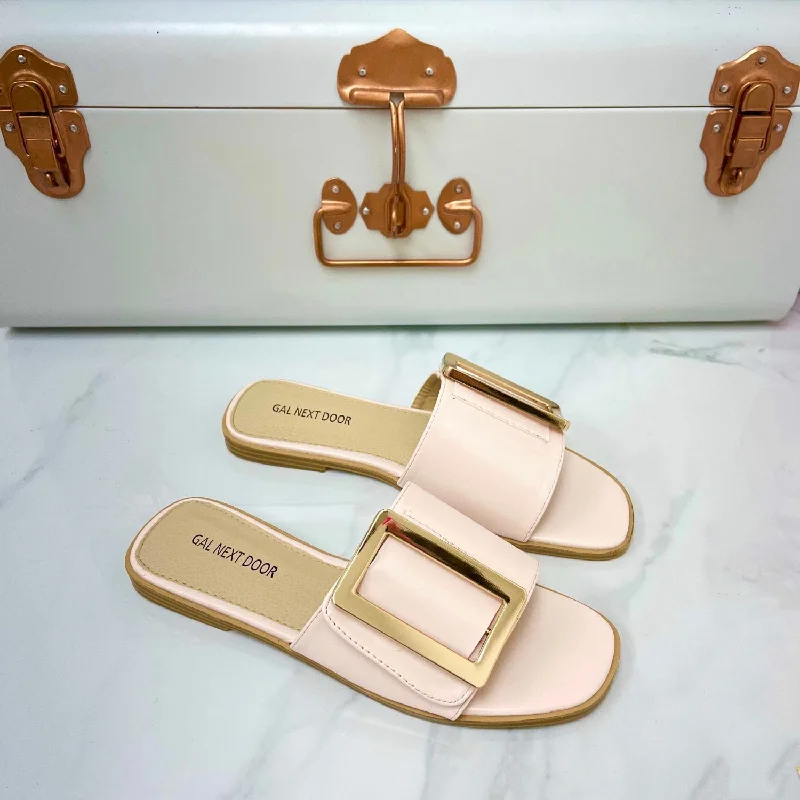 Meera - Pink Square Toe Gold Rectangle Detail Slip On Flat Sandal