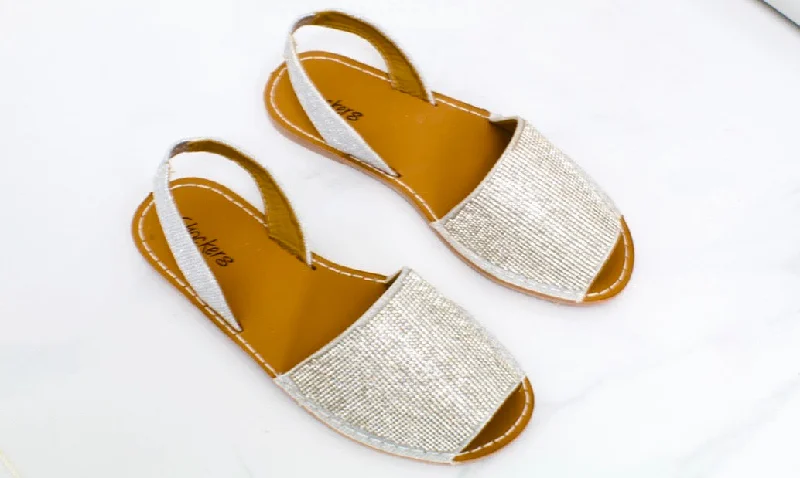 Mia - Silver Diamanté Peep Toe Sling Back Sandals