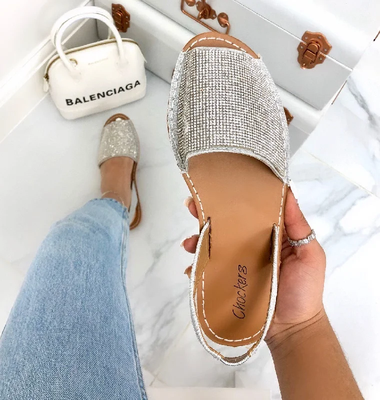 Mia - Silver Diamanté Peep Toe Sling Back Sandals