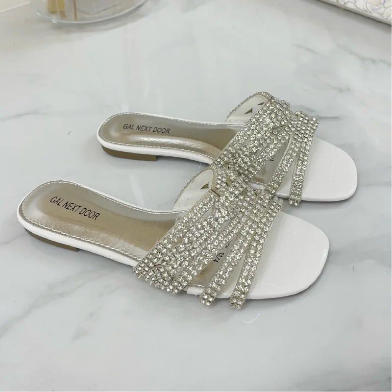 Priyanka - White Croc Print With Silver Diamante Detail Slip On Sandals