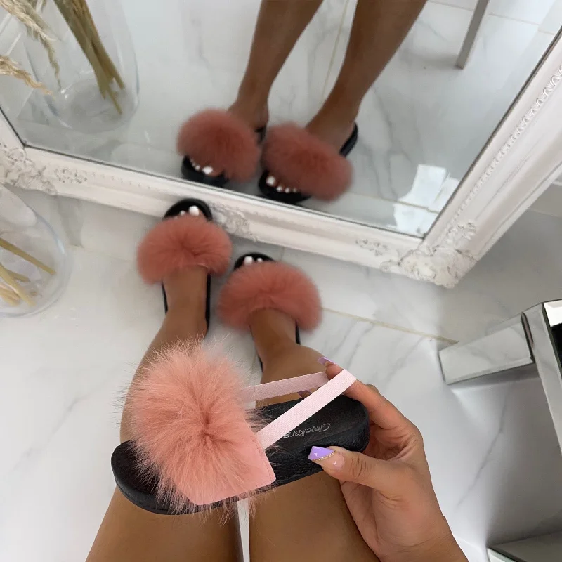 Baby Celine- Pink Faux Fur Sliders