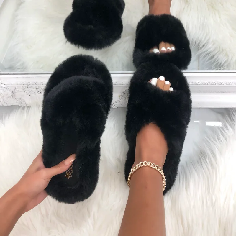 Bear - Black Fluffy Crisscross Slip On Slider Slippers