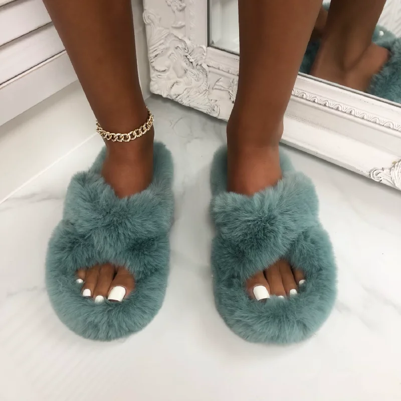 Bear - Blue Fluffy Crisscross Slip On Slider Slippers