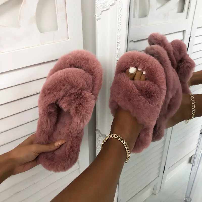 Bear - Pink Fluffy Crisscross Slip On Slider Slippers