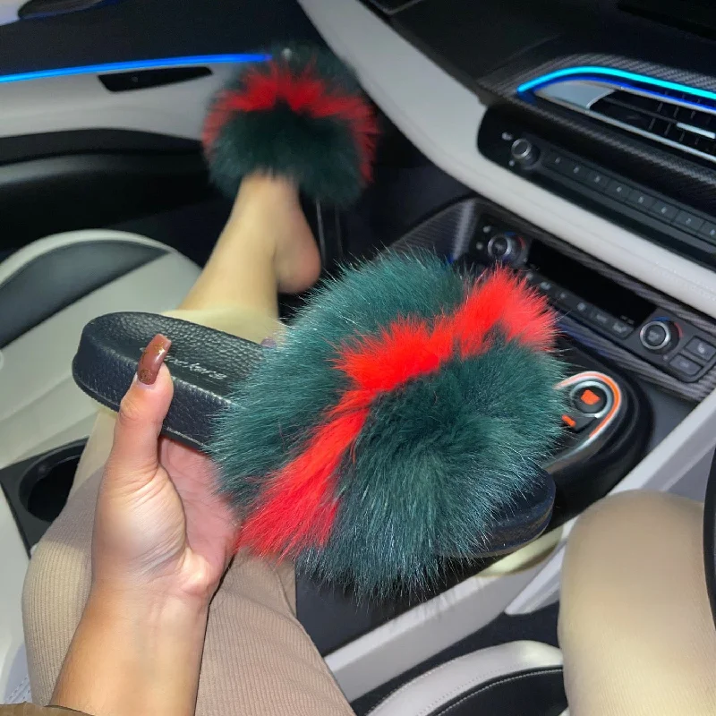 Celine - Green and Red Faux Fur Sliders