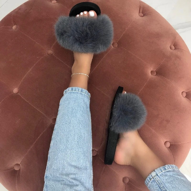 Celine - Grey Faux Fur Fluffy Sliders