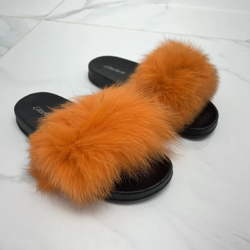 Celine - Orange Faux Fur Fluffy Sliders