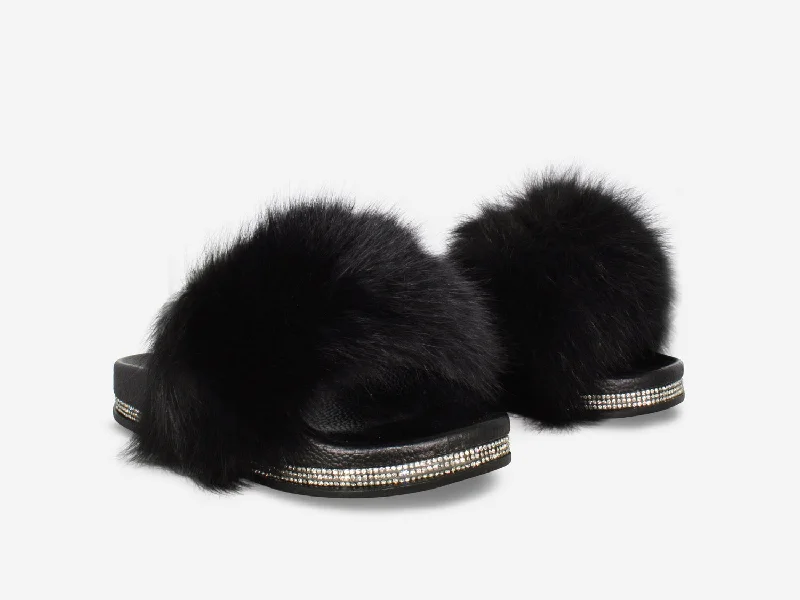 Ellie - Black Vegan Fur Fluffy Sliders With Diamanté Sole