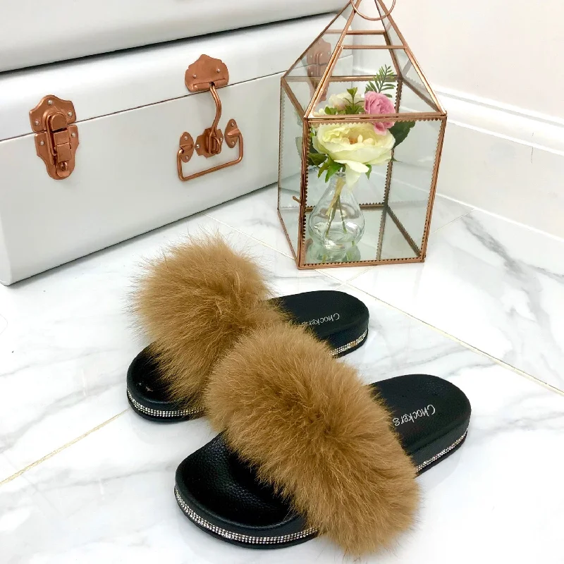 Ellie - Camel Vegan Fur Fluffy Sliders With Diamanté Sole