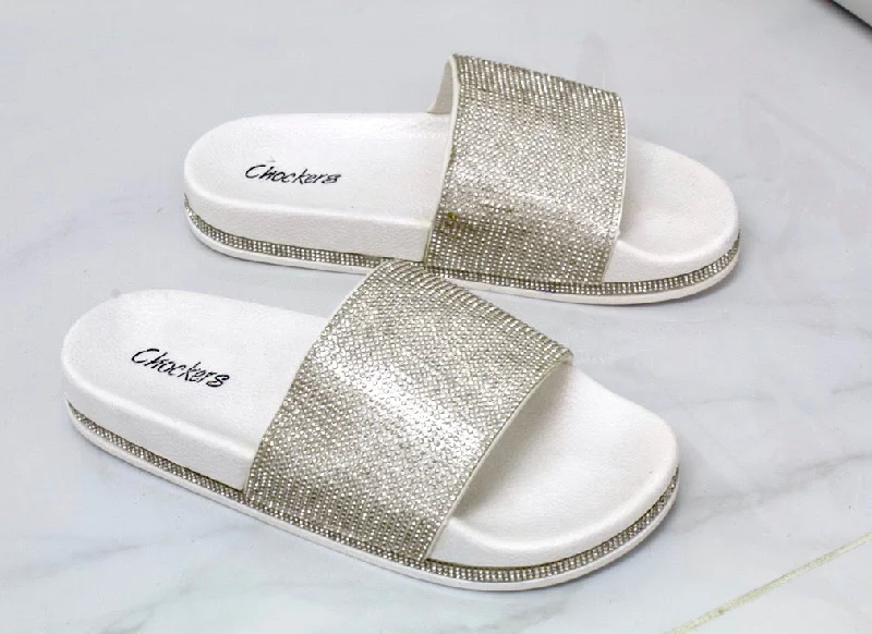 Jade - White Silver Diamante Sole Slider Sandal