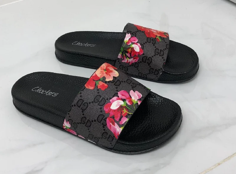 Layla - Black With Pink Floral Slider Sandals